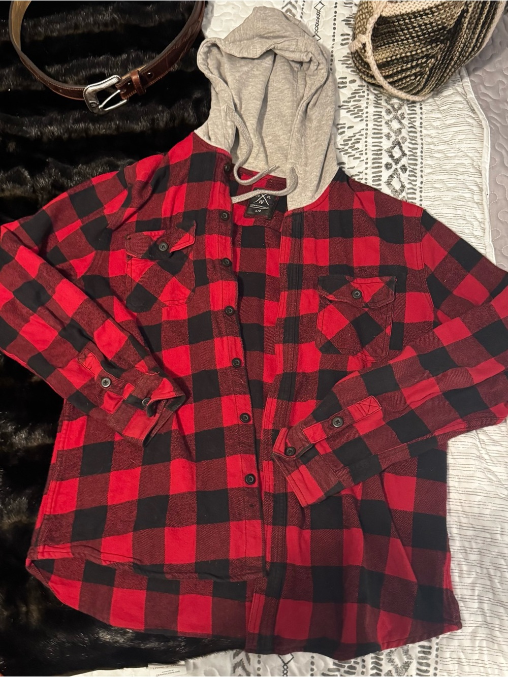 North Western MFG Co. Red Black Buffalo Plaid Hooded Flannel L/G